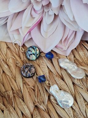 Hand Crafted Abalone, Blue Crystal & Pearl Drop Earrings